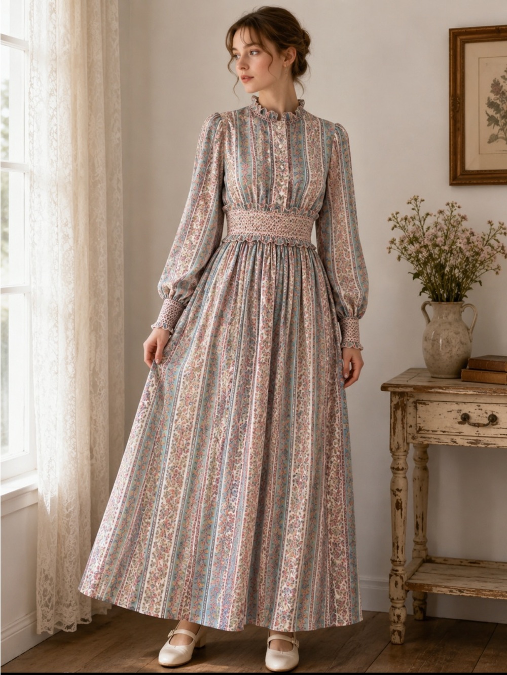Vintage 1970s pastel pink maxi dress smocked floral size XS cottage core y2k